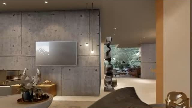 Interior visualization with a concrete media wall and open living area