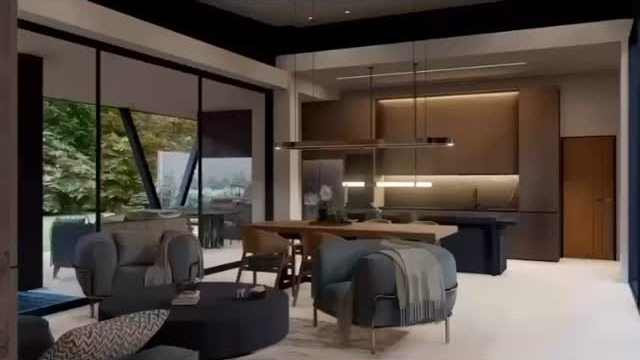 Visualization of an open-plan living room and contemporary kitchen