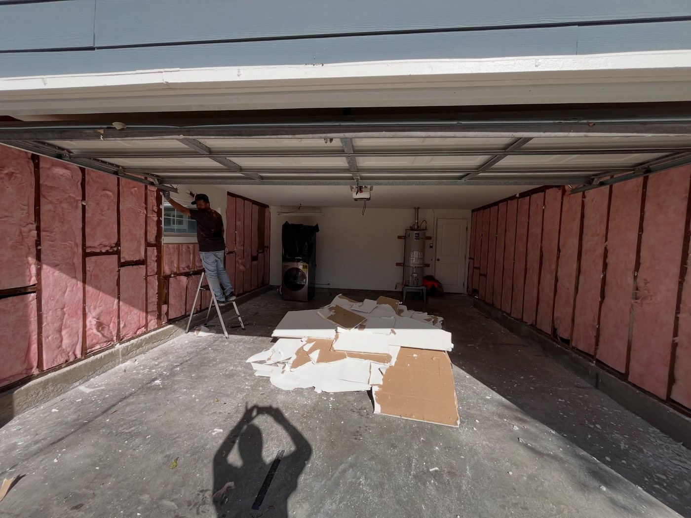 Garage interior during insulation and ADU conversion work